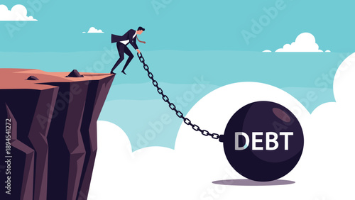 Businessman standing on a high cliff edge struggling against a heavy black ball and chain labeled debt pulling him down into the abyss.