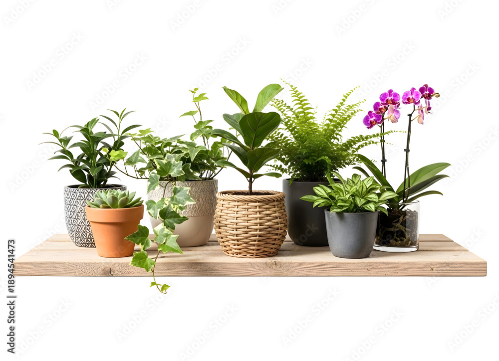Fototapeta premium Diverse collection of houseplants on a wooden shelf isolated on transparent background
