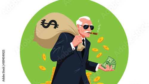 Wealthy businessman with sunglasses and a cigar carrying a large sack of money while holding cash and coins fall around him in a green circle.