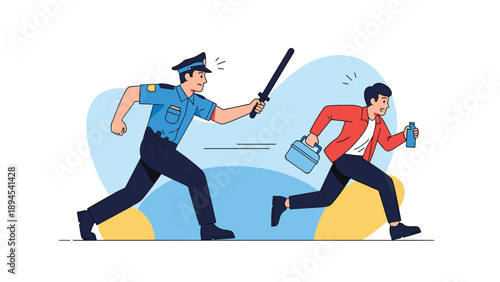 Police officer in a blue uniform with a baton chasing a man who is running away with a stolen bag and bottle in his hands.