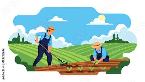 Two farmers wearing straw hats working together in a large green field planting seedlings and using a rake under a bright sunny sky.