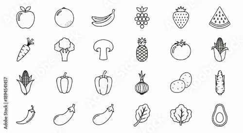 Collection of fresh fruit and vegetable icons in a simple line art style.