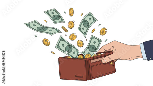 Hand holding an open brown leather wallet with numerous dollar bills and gold coins flying out representing spending or financial loss.