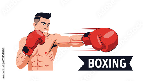 Strong male boxer with red gloves throwing a powerful punch with motion lines indicating speed and force on a plain white background.