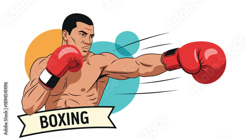 Athletic boxer wearing red gloves throwing a punch with dynamic action lines and colorful circular elements in the background.