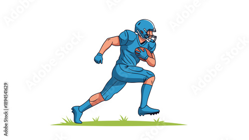 American football player in a blue uniform and helmet running across the field while clutching the ball during a competitive match.
