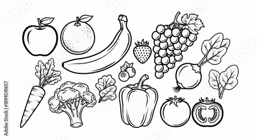 Collection of fresh fruits and vegetables hand drawn sketch style.