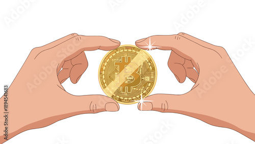 Two hands holding a single shiny gold bitcoin coin against a white background representing digital currency and cryptocurrency investment.
