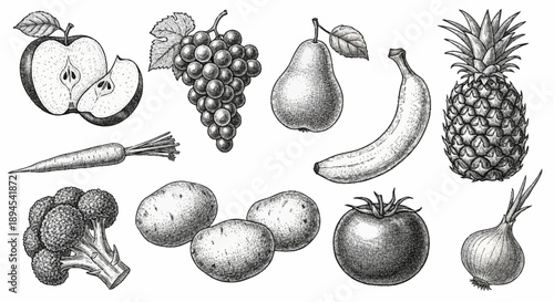 Collection of Fresh Fruits and Vegetables Hand Drawn Sketch.