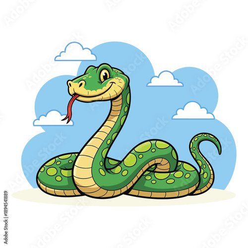 A cartoon green snake with a cheerful expression sitting on a blue background with clouds