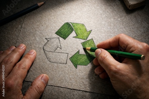 Hand Drawing Recycle Logo on Recycled Paper