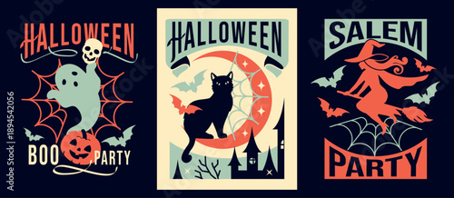 Set of vertical vintage Halloween posters with witch, ghost, black cat and pumpkins. Retro wall art great for parties, seasonal decor, invitations, fun spooky events and greetings.