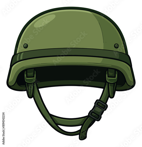Cartoon illustration of an army helmet depicting military protective headwear for war and defense concepts