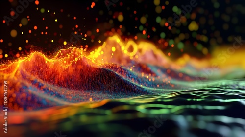 Abstract digital landscape visualization showcasing vibrant glowing particle waves forming fiery mountain peaks against a dark background representing data flow and energy