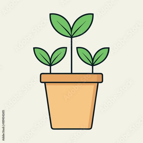 A simple terracotta pot with three vibrant green sprouts and leaves, isolated on a plain background