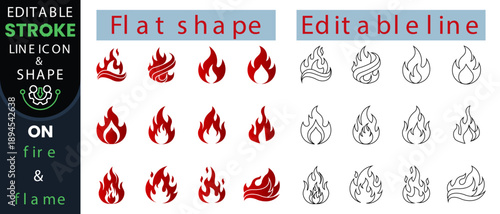 Fire burning flame vector illustration with editable line art and flat shape style