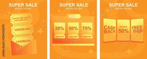 Super Sale promotional design with a warm orange color palette. Featuring discount vouchers, cashback, and free shipping elements, this illustration is perfect for holiday sales campaigns, e-commerce 