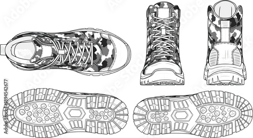 Military tactical boots technical flat sketch showing top front back and sole views, camouflage combat footwear design outline illustration