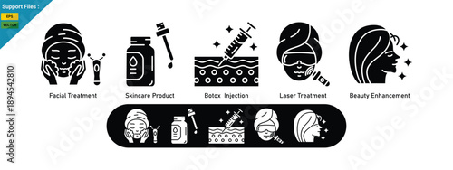 Cosmetic And Aesthetic Medical Icons, Beauty Treatment, Skincare, and Aesthetic Care. Glyph icons set