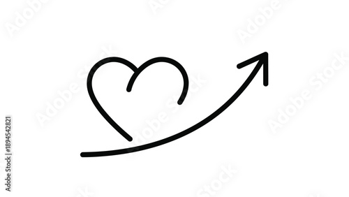 Simple hand drawn heart shape intersected by a smoothly curving upward pointing arrow symbolizing love growth and positive trajectory in design
