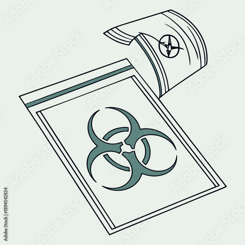 Sealed bag with biohazard symbol illustration for hazardous material containment and safety warnings