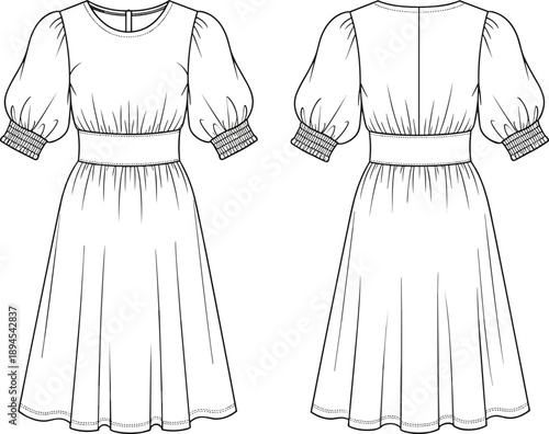 Women midi dress technical flat sketch with front and back views, puff sleeve fashion apparel design outline illustration