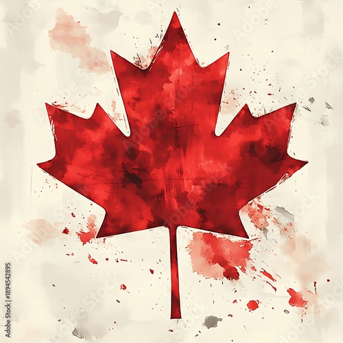 Red Maple Leaf with Watercolor Splatters and Texture Canada Canadian
