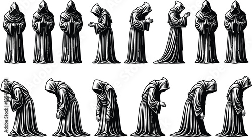 Hooded monk figures in prayer and bowing poses, medieval religious silhouettes collection, vintage engraving style illustration set