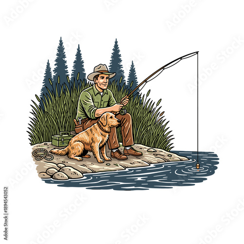 Smiling man in hat fishing with dog from a rocky shore