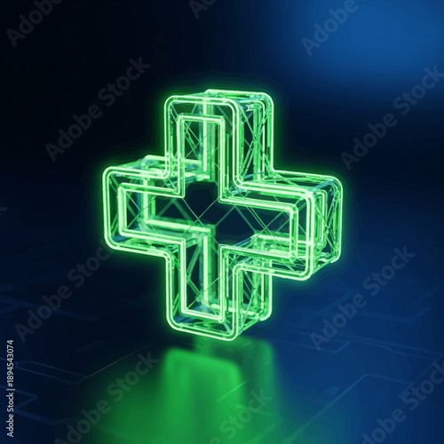 Glowing green neon cross symbol on dark blue background