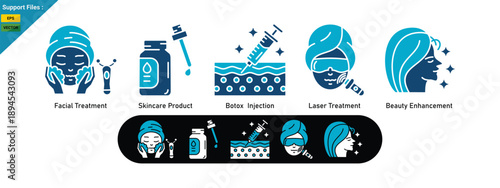 Cosmetic And Aesthetic Medical Icons, Beauty Treatment, Skincare, and Aesthetic Care. two color icons set