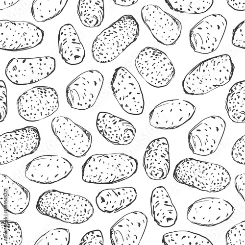 Seamless pattern with potato tubers. Black and white hand draw sketch. Vector graphic illustration for packaging design, kitchen textiles, wrapping paper, surface cover, or menus. Rustic aesthetic.