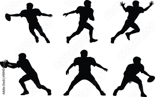 American football player action silhouettes set showing throwing running catching poses, dynamic sports motion illustration in black styleWeb
