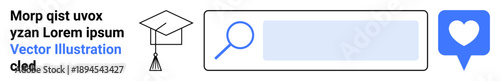 Education, online learning, search tools, research, knowledge sharing, user interaction. Graduation cap and search bar next to heart icon. Education and online learning concept