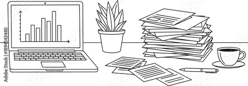 Minimalist line art drawing depicting a busy desk setup featuring a laptop displaying a growth chart next to piles of paperwork and a coffee cup illustration.