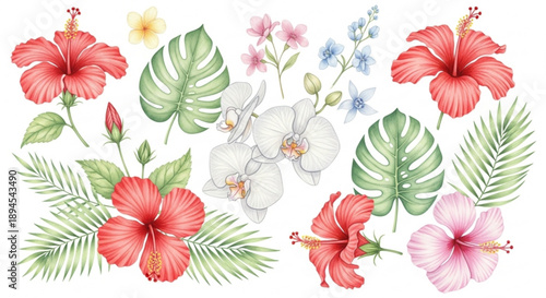 Vibrant tropical floral arrangement with exotic leaves and flowers on white background