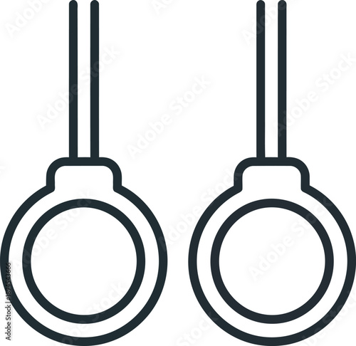 Simple black line icon illustrating a pair of gymnastic rings hanging from straps ready for intense athletic training and rigorous physical activity routines.