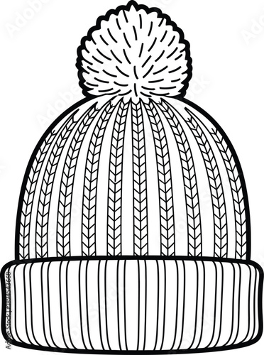 Simple black and white line art illustration featuring a classic knitted winter beanie hat complete with a distinct pom-pom on top for cold weather style