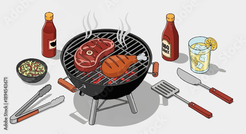 Barbecue Grill With Steak Chicken And Condiments.