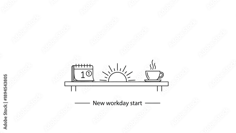 Naklejka premium Minimalist line art illustration depicting the essential components for beginning a new workday including a calendar a sunrise and a steaming cup of coffee