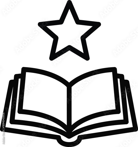 Simple black outline icon depicting an open book positioned below a prominent five-pointed star representing favorite literature or reading achievements