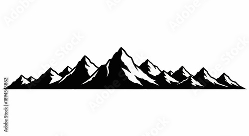 Black silhouette of majestic mountain range against white background.
