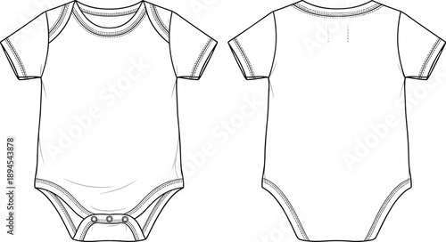 Baby bodysuit technical flat sketch with front and back views, short sleeve infant apparel fashion design outline illustration