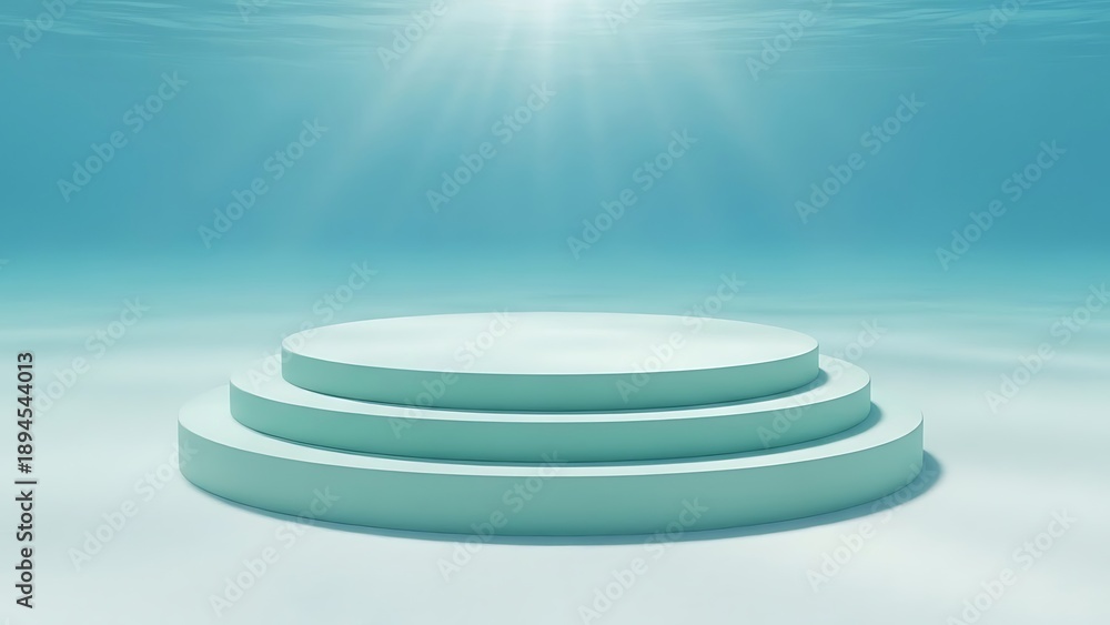 Fototapeta premium Turquoise multi-tiered podium on a bright sandy seabed, illuminated by sun rays underwater