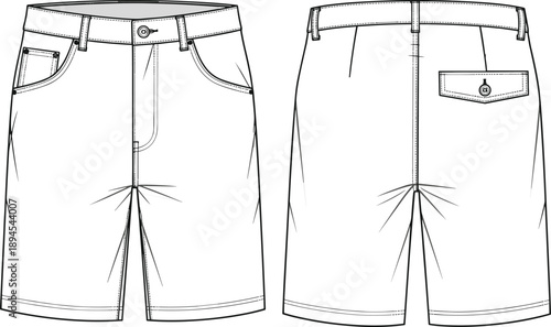 Men tailored shorts technical flat sketch with front and back views, apparel fashion design outline illustration for garment production