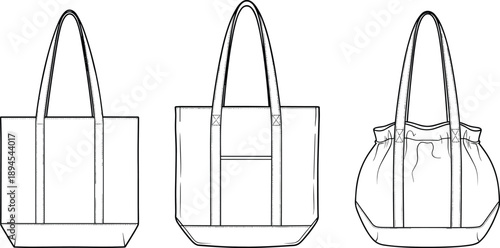 Tote bag technical flat sketches showing front and back views, fashion accessory design outline illustration for production and branding use
