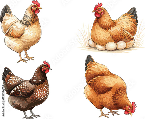 Realistic chicken hen vector illustration set featuring farm poultry birds, laying eggs, rural agriculture scenes, and detailed domestic fowl artwork