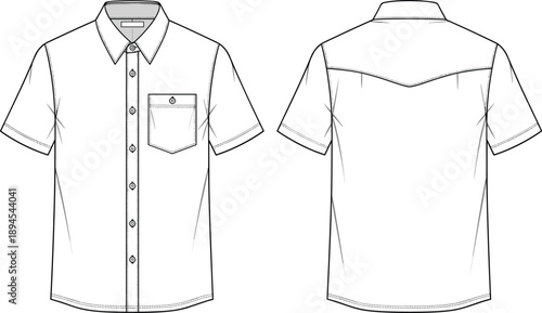 Men short sleeve button up shirt technical flat sketch showing front and back views, apparel fashion design outline illustration
