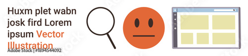 Research, user experience, web interface, browsing, online search, emotion. Neutral face, magnifying glass and webpage mockup displayed together. Research and user experience concept