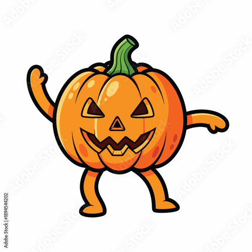 A cartoon pumpkin with a carved face and limbs